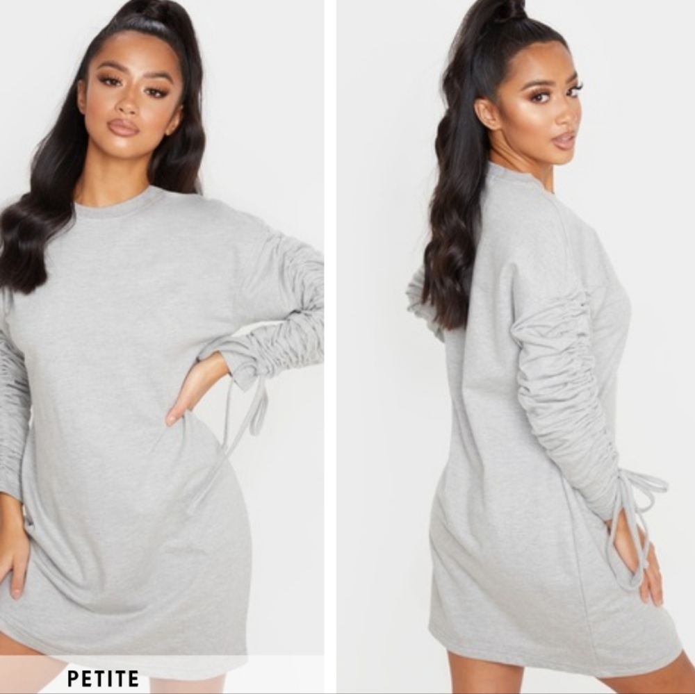 SOLD Petite Grey Marl Ruched Sleeve Sweat Sweater Dress